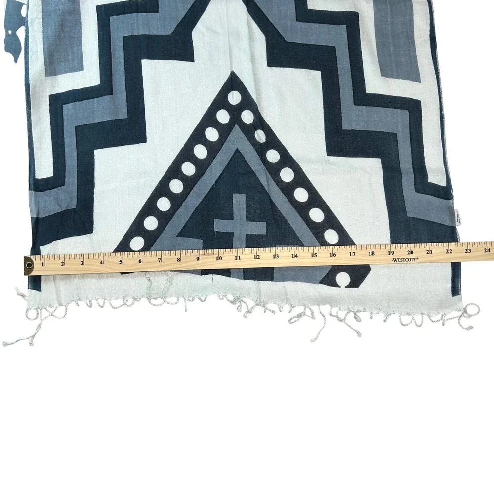 Global Girlfriend Blue Grey Geometric Print Viscose Scarf Fair Trade Fringe Wrap